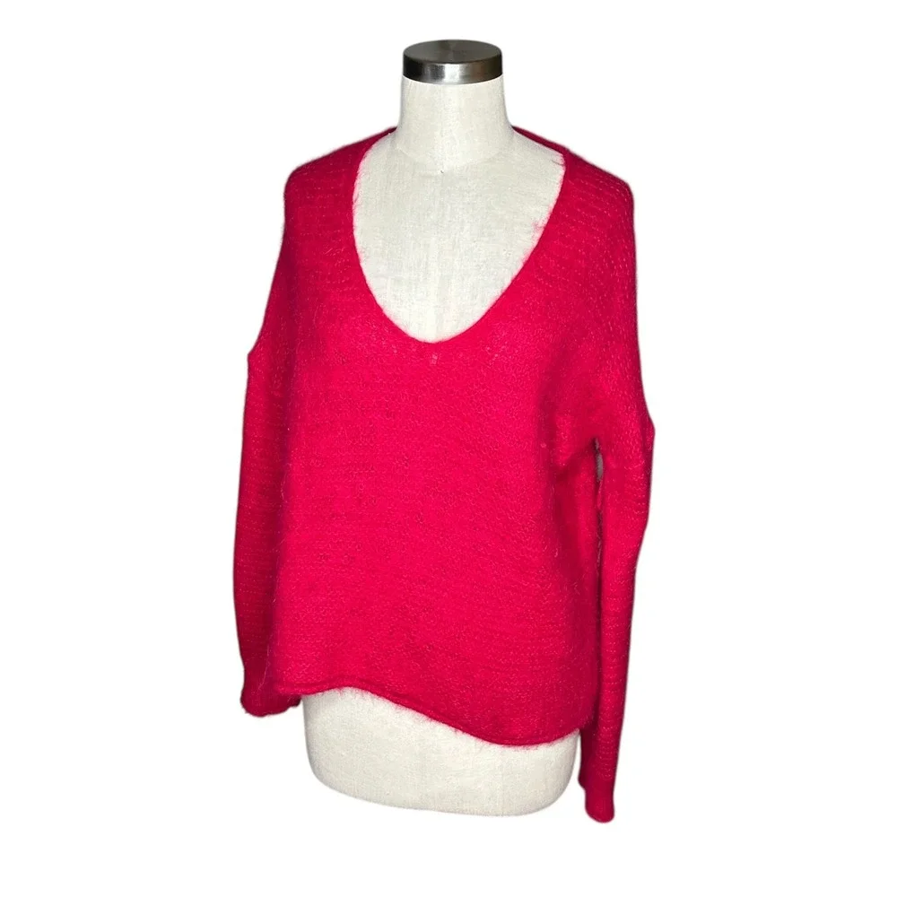 FREE PEOPLE Fuzzy V Neck Sweater Bright‎ Pink Alpaca Blend XS